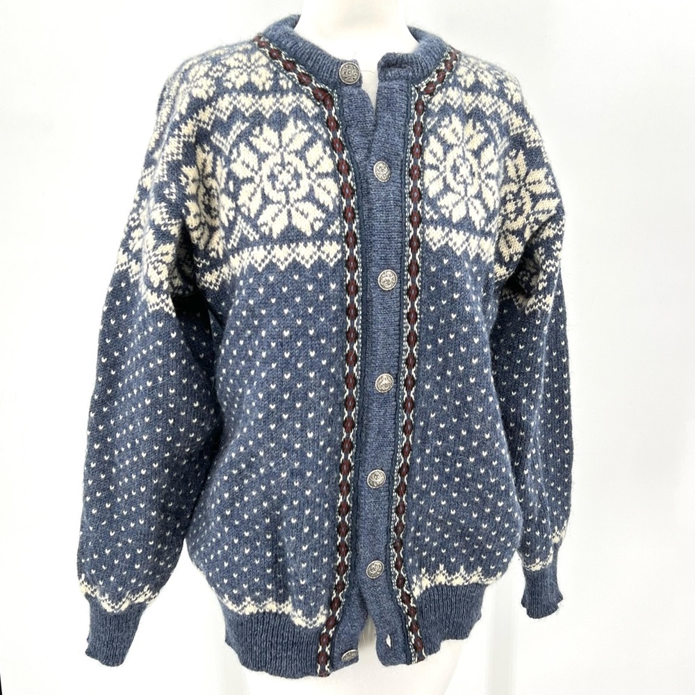 Vintage Dale of Norway Blue Fair Isle Wool Button Cardigan Sweater 52/L